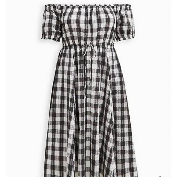 NWOT Torrid SEERSUCKER GINGHAM GREY & WHITE PEASANT MIDI DRESS Size 1X - Picture 6 of 6